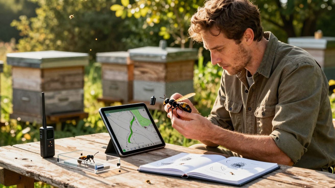 Homem sentado ao ar livre estudando modelo de vespa perto de colmeias, com tablet, rádio e caderno aberto.