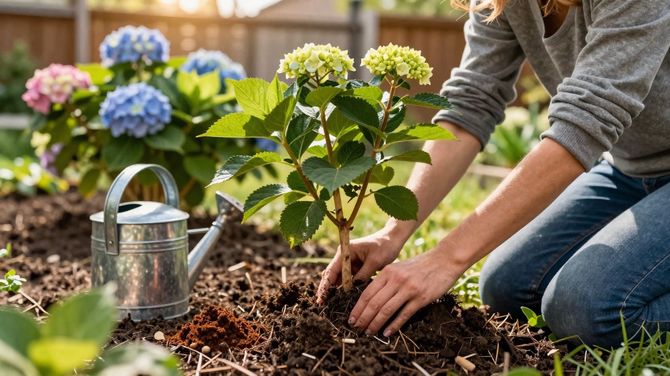 Pessoa plantando muda de hortênsia branca em jardim com regador de metal ao lado.