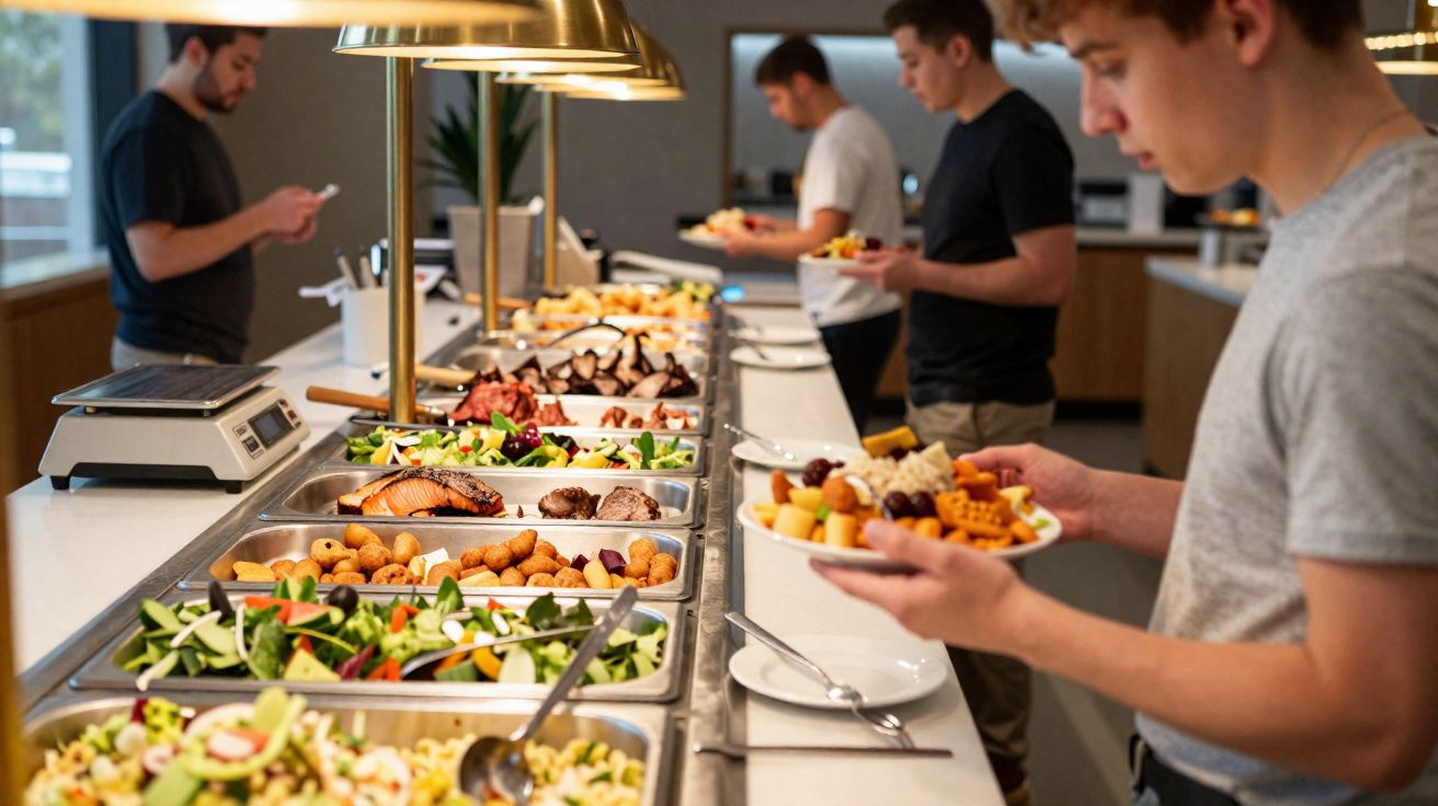 Jovens em fila se servindo em buffet de saladas, legumes, carnes e frutas em refeitório moderno.