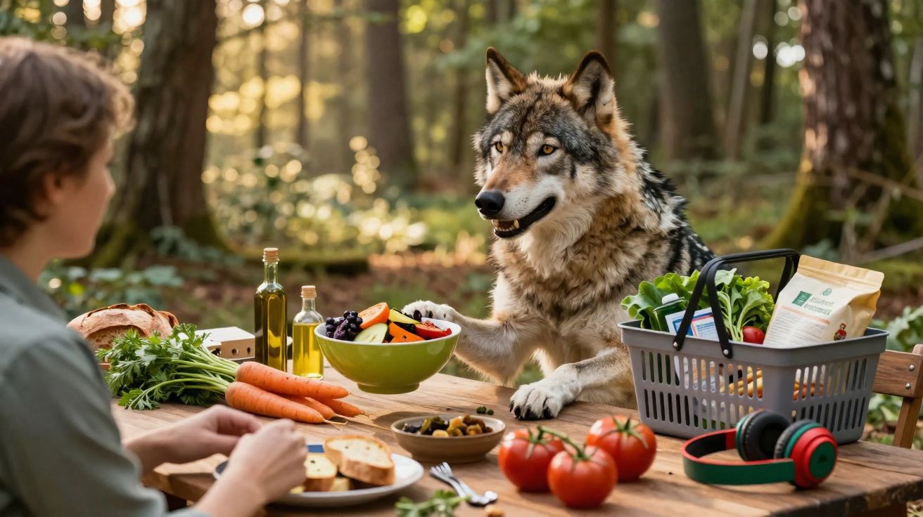 Lobo com pata na tigela de frutas conversa com pessoa em mesa rústica na floresta.