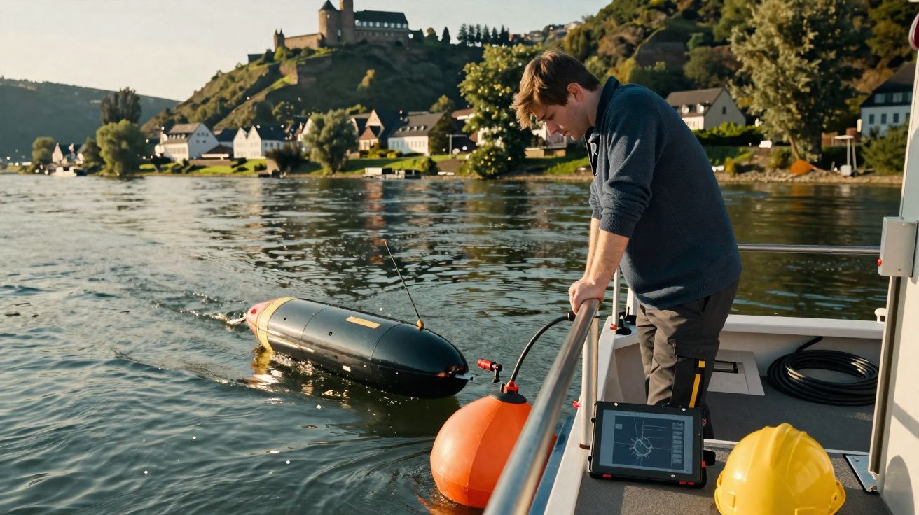 Homem operando um veículo subaquático autônomo próximo a um barco em um rio com vilarejo e castelo ao fundo.