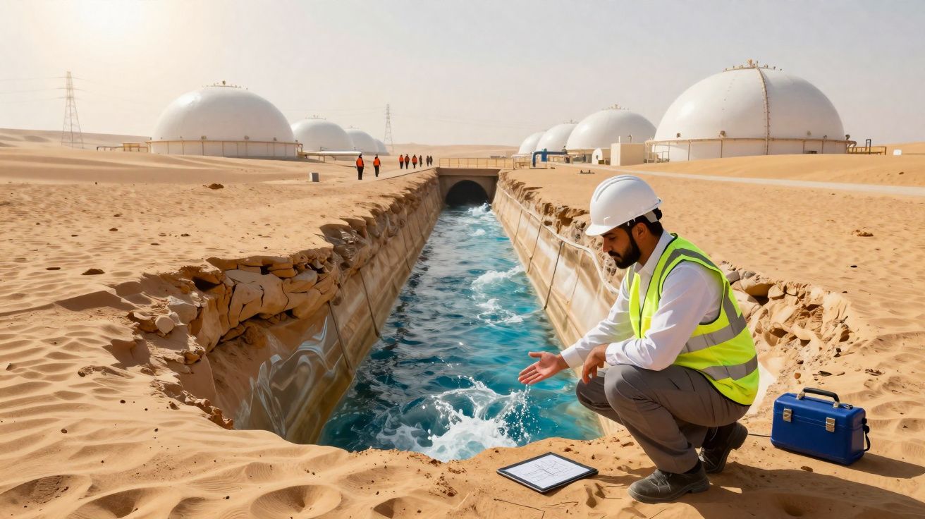 Homem com capacete e colete refletivo verifica canal de água em área desértica com tanques industriais ao fundo.