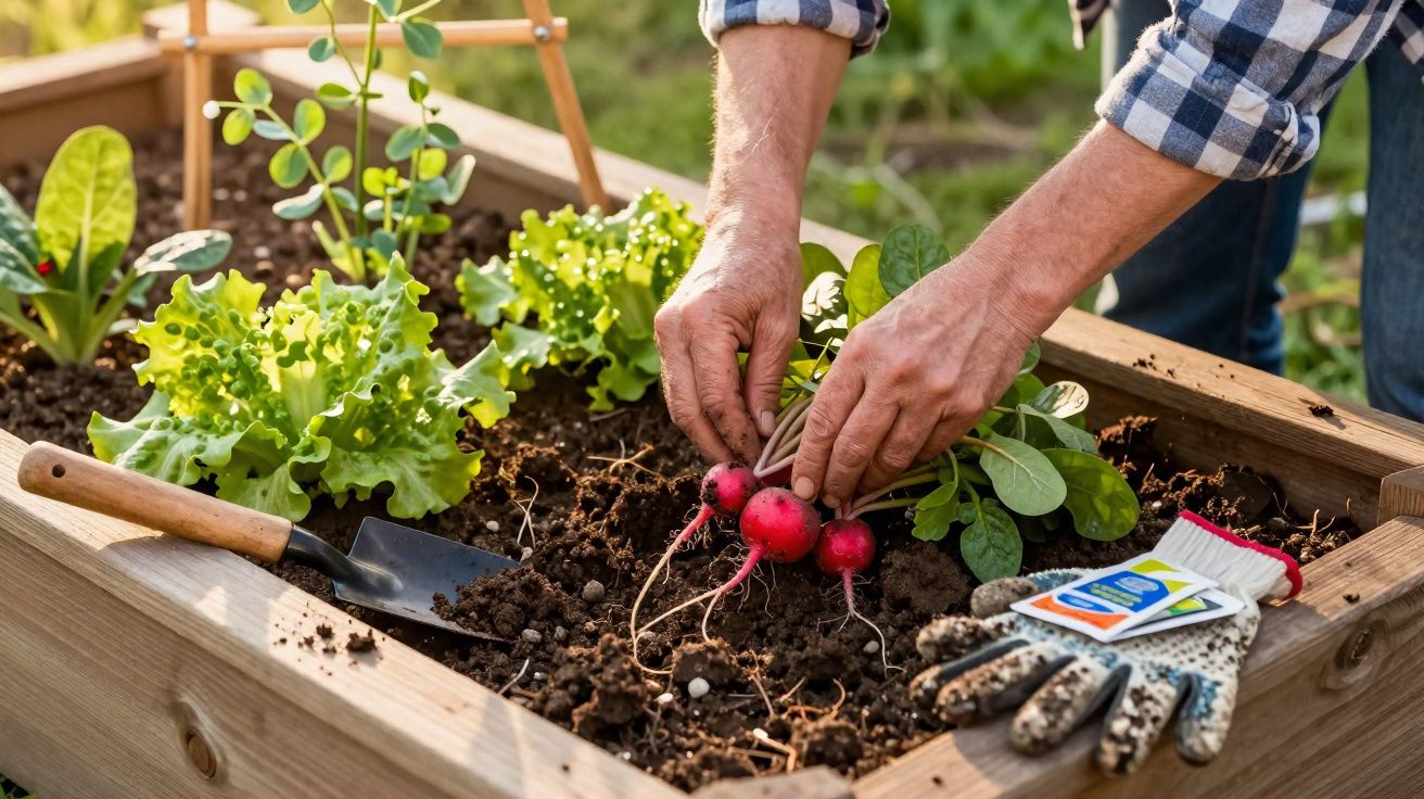 Mãos colhendo rabanetes em uma horta elevada com luvas, pá e alface ao redor.