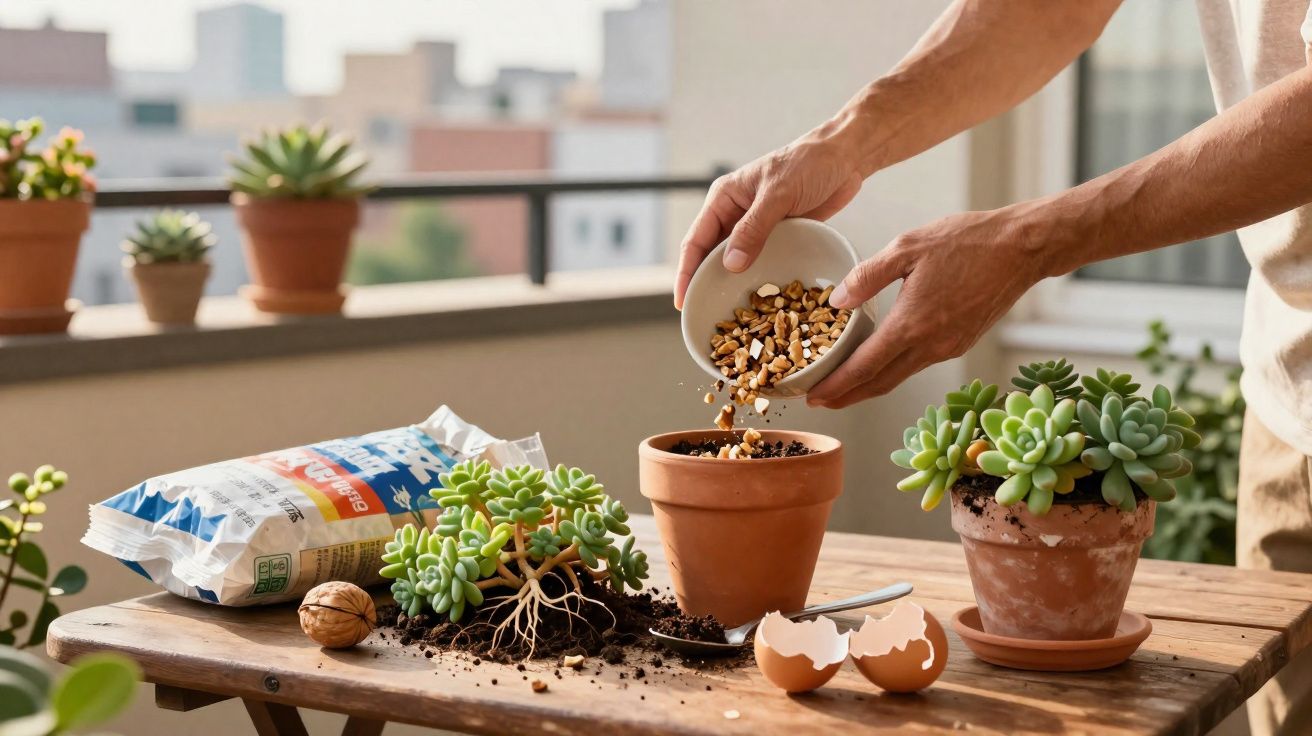 Pessoa adiciona pedrinhas em vaso de planta suculenta durante transplante em varanda ensolarada.