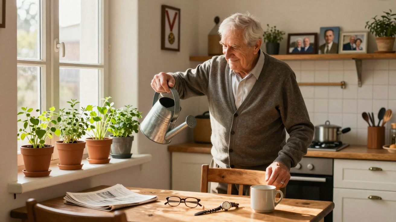 Idoso regando plantas em vasos na cozinha iluminada por janela durante o dia.