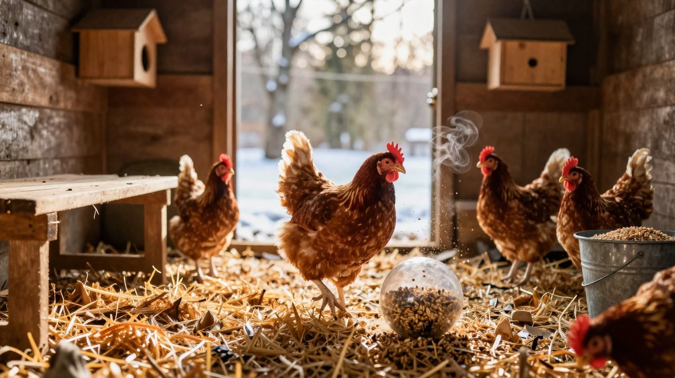 Galinha vermelha no galinheiro com cama de palha, comedouro e caixas de madeira ao fundo.