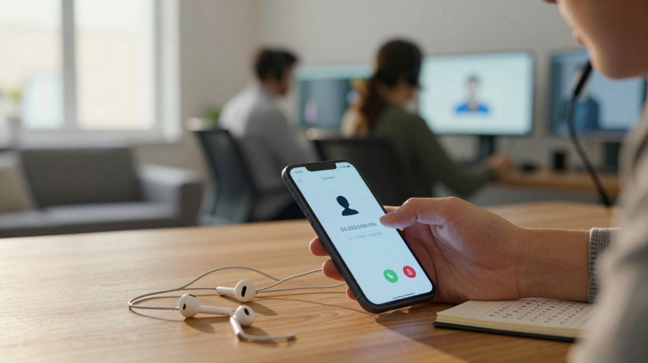 Pessoa segurando celular com chamada ativa em mesa com fones e escritório ao fundo.