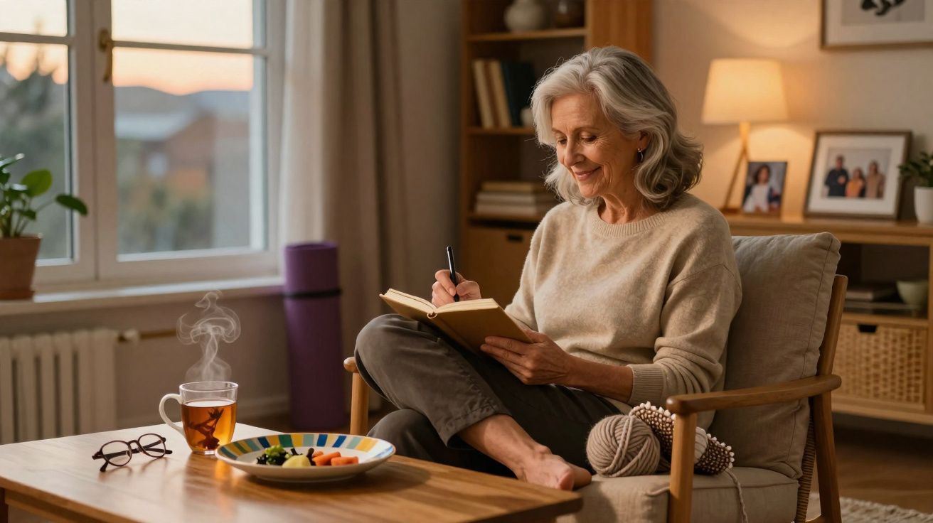Mulher idosa sorrindo escreve em caderno sentada em poltrona com chá e petiscos na mesa à frente.