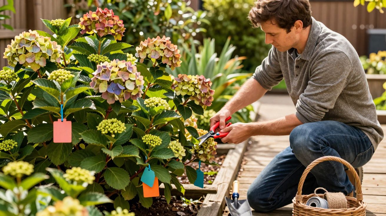 Homem poda hortênsias com tesoura de jardinagem enquanto se ajoelha em canteiro de flores.