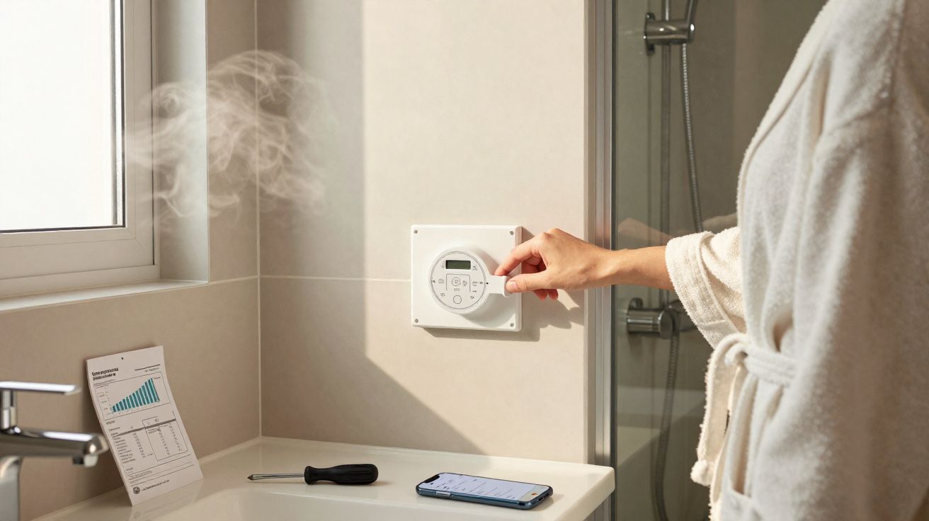 Pessoa ajustando termostato digital em parede de banheiro ao lado de pia com celular, ferramenta e papel com gráfico.