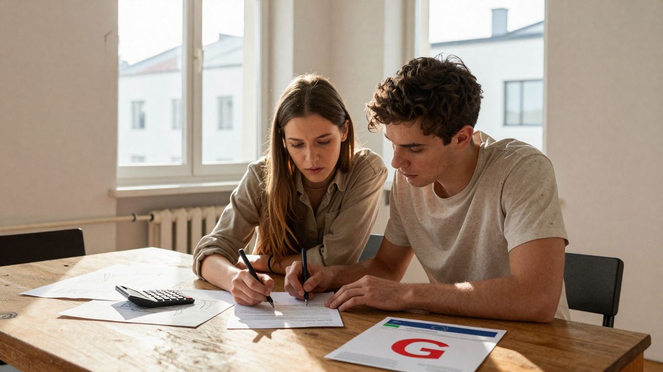 Jovem casal sentado à mesa assinando documentos com calculadora e papéis espalhados em ambiente iluminado.
