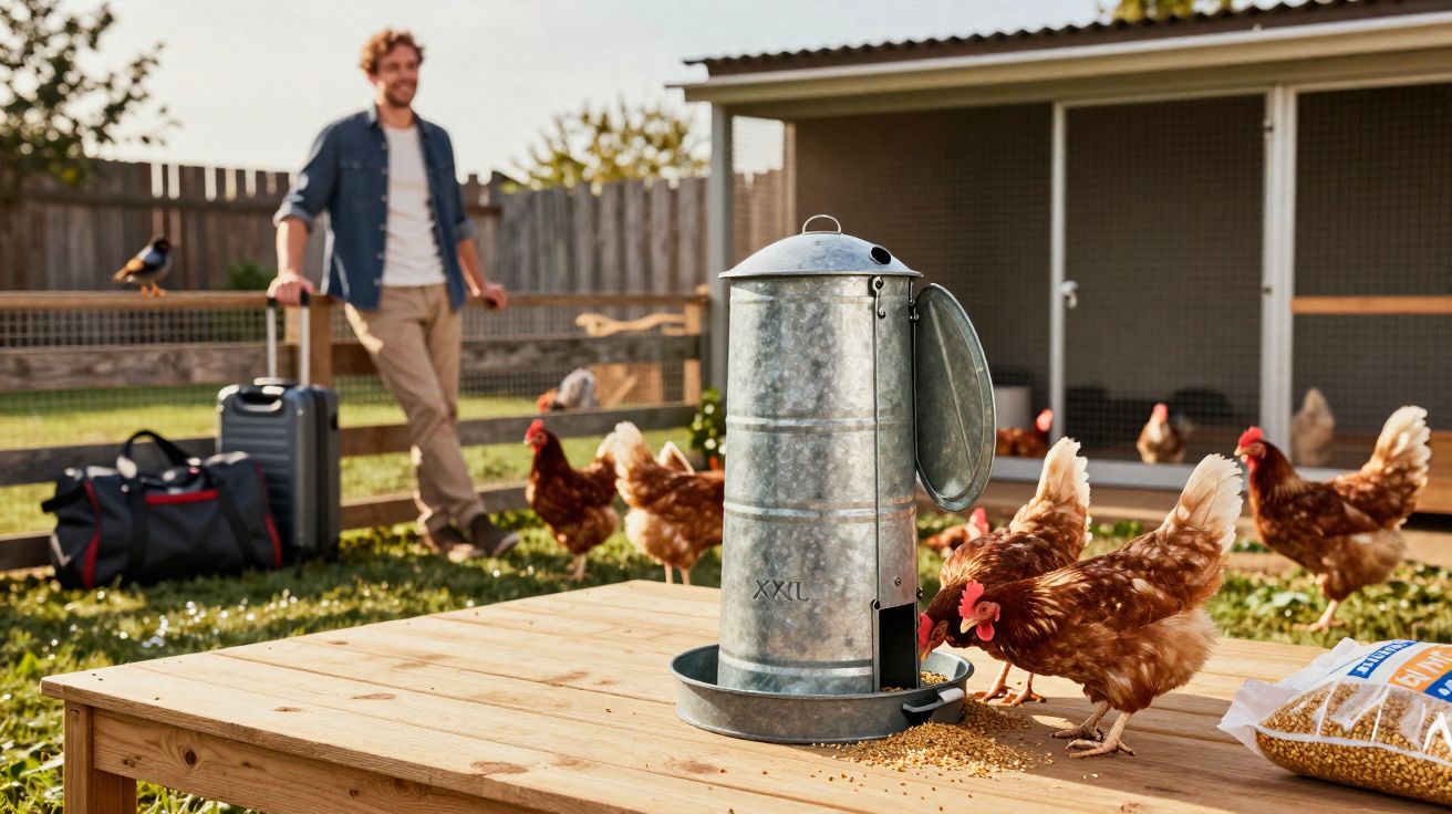 Galinhas se alimentando em um galinheiro com homem ao fundo e malas ao lado em área gramada.