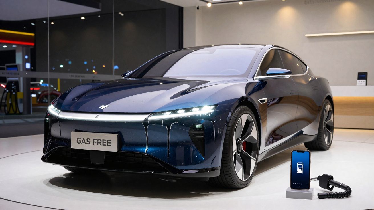 Carro elétrico azul escuro com placa "GAS FREE" exposto em showroom moderno.