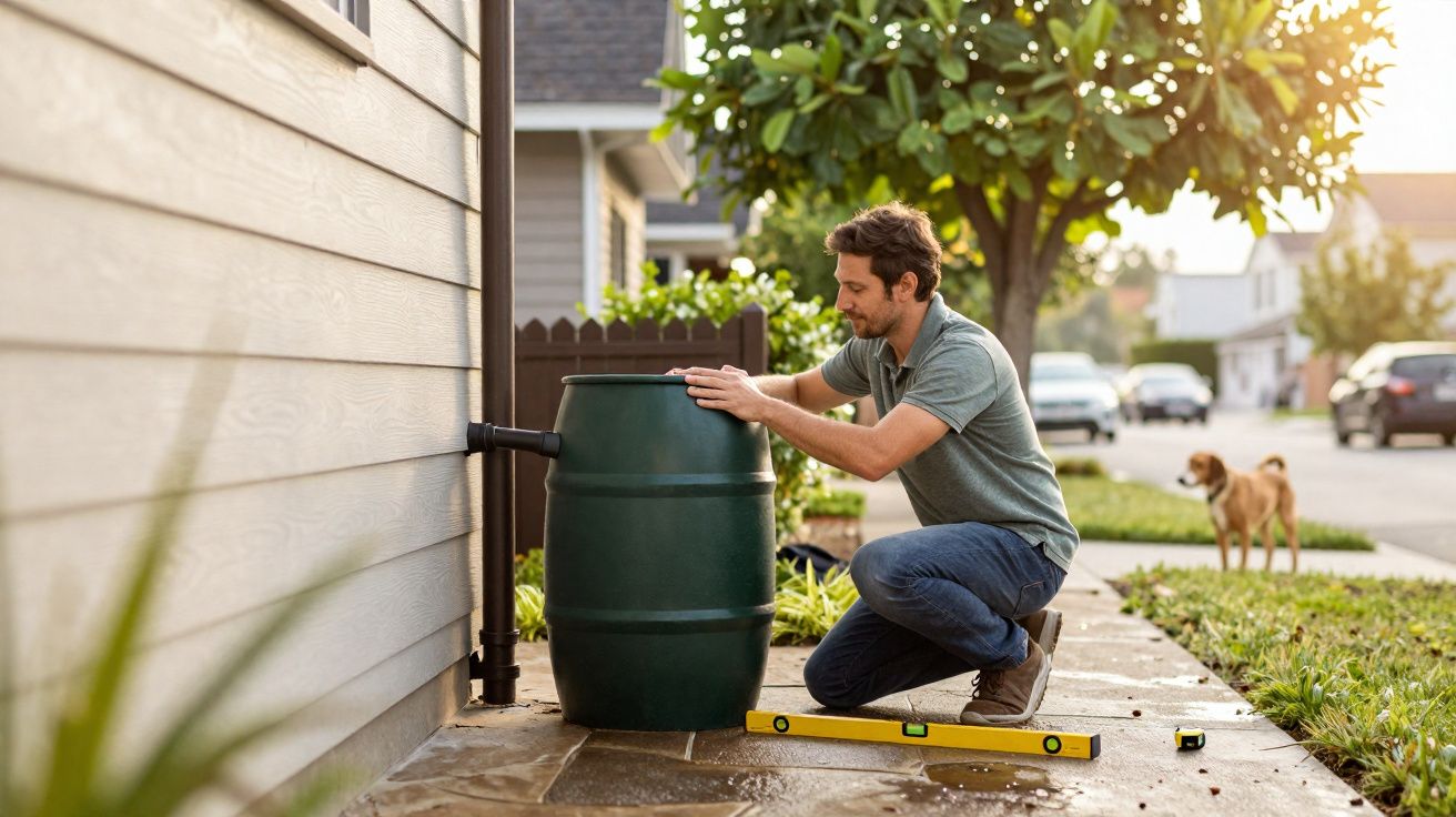 Homem instalando barril coletor de água da chuva ao lado de casa em bairro residencial.