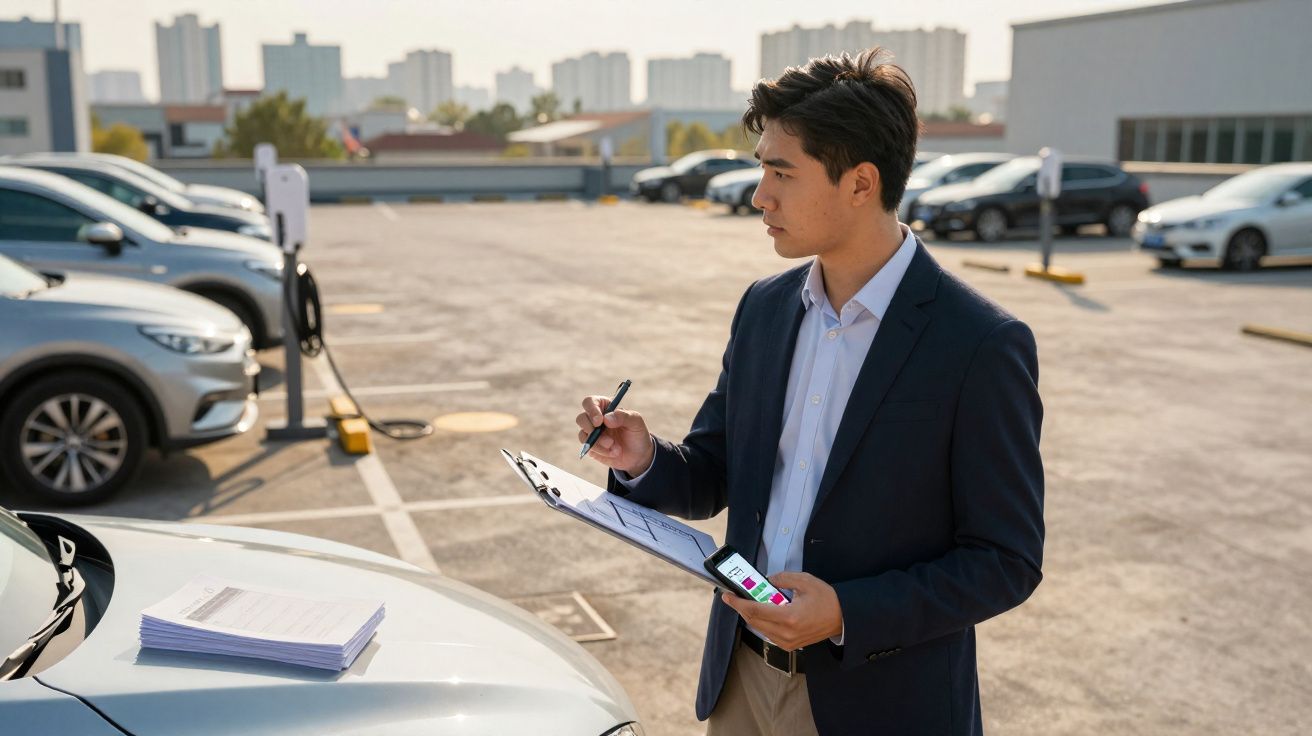 Homem de terno azul fazendo inspeção veicular em estacionamento ao ar livre com prancheta e celular.