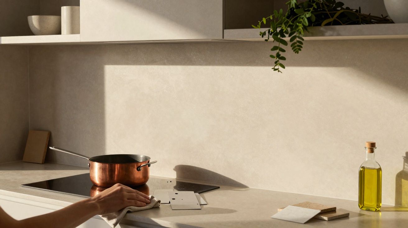 Bancada de cozinha minimalista com panela de cobre, frigideira, garrafa de azeite e mão limpando superfície.