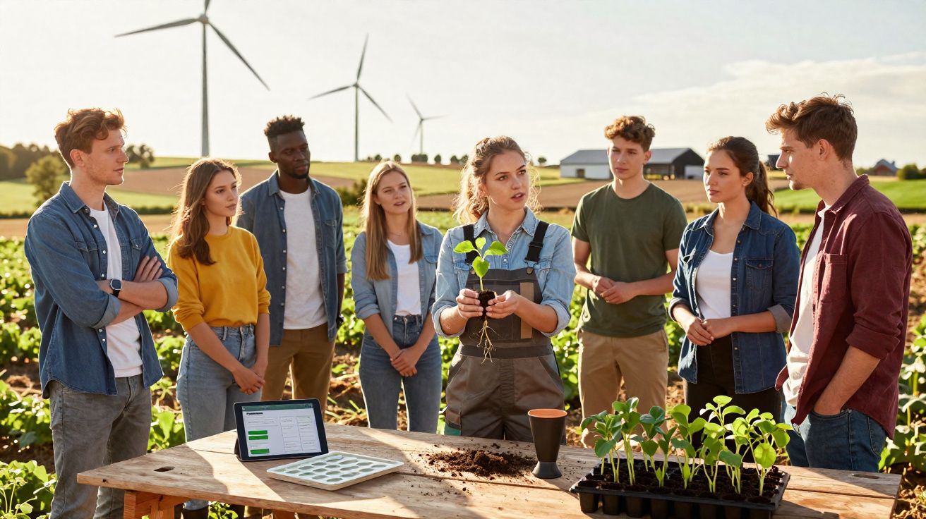 Grupo de jovens em campo com turbinas eólicas, aprendendo sobre plantio sustentável ao ar livre.
