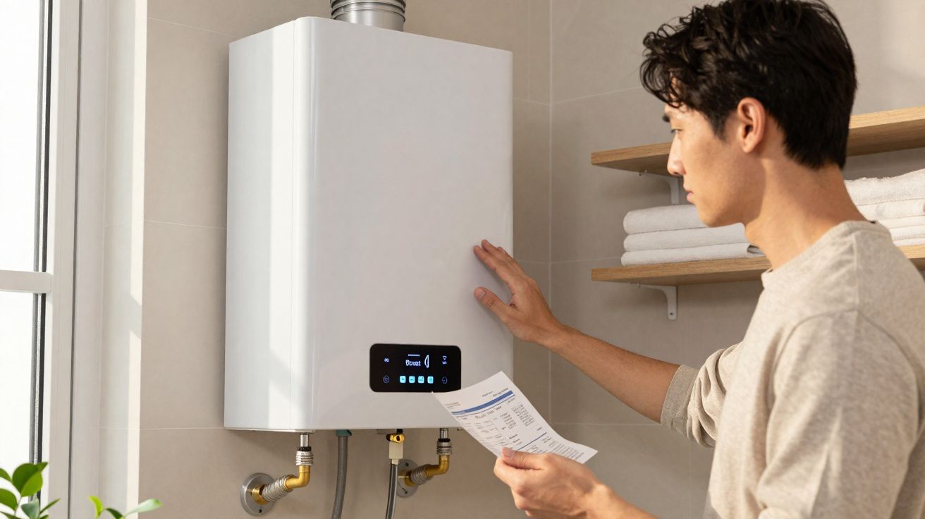 Homem verifica o funcionamento de um aquecedor de água moderno em casa segurando um manual.