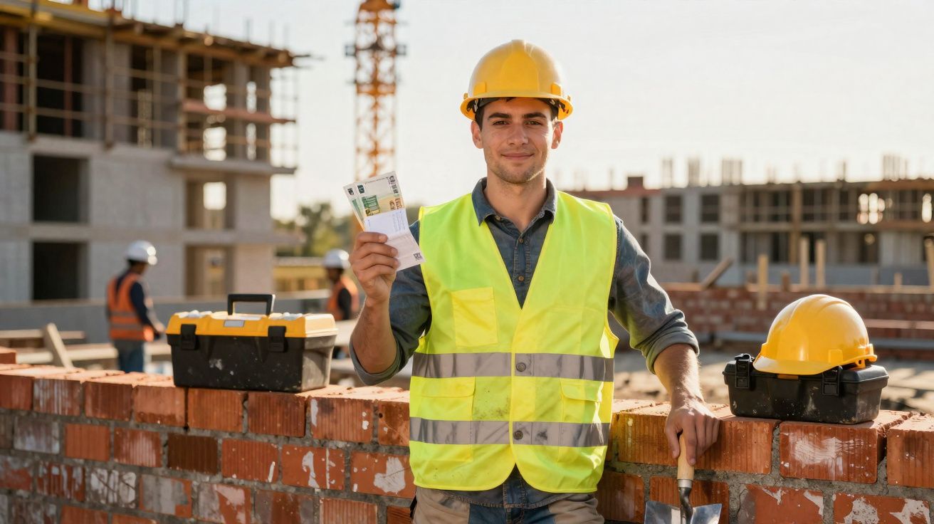 Homem com capacete e colete refletivo segura dinheiro em obra de construção civil com materiais ao redor.