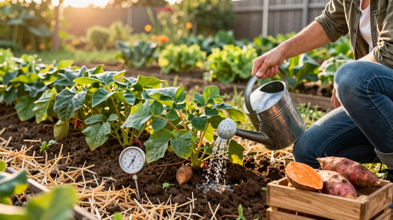 Pessoa regando planta de batata-doce em jardim com regador de metal ao pôr do sol.