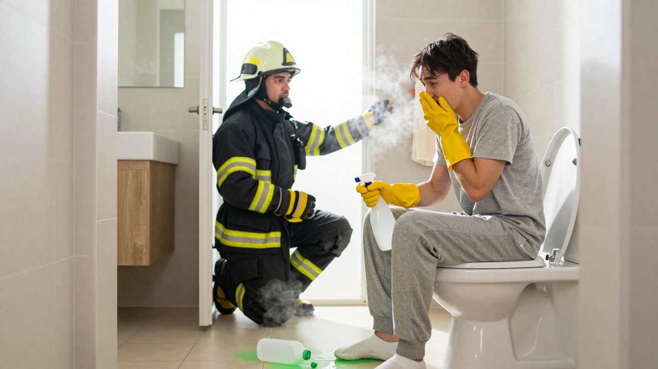 Homem com luvas amarelas segurando spray no banheiro, bombeiro com equipamento protegendo do cheiro ruim.