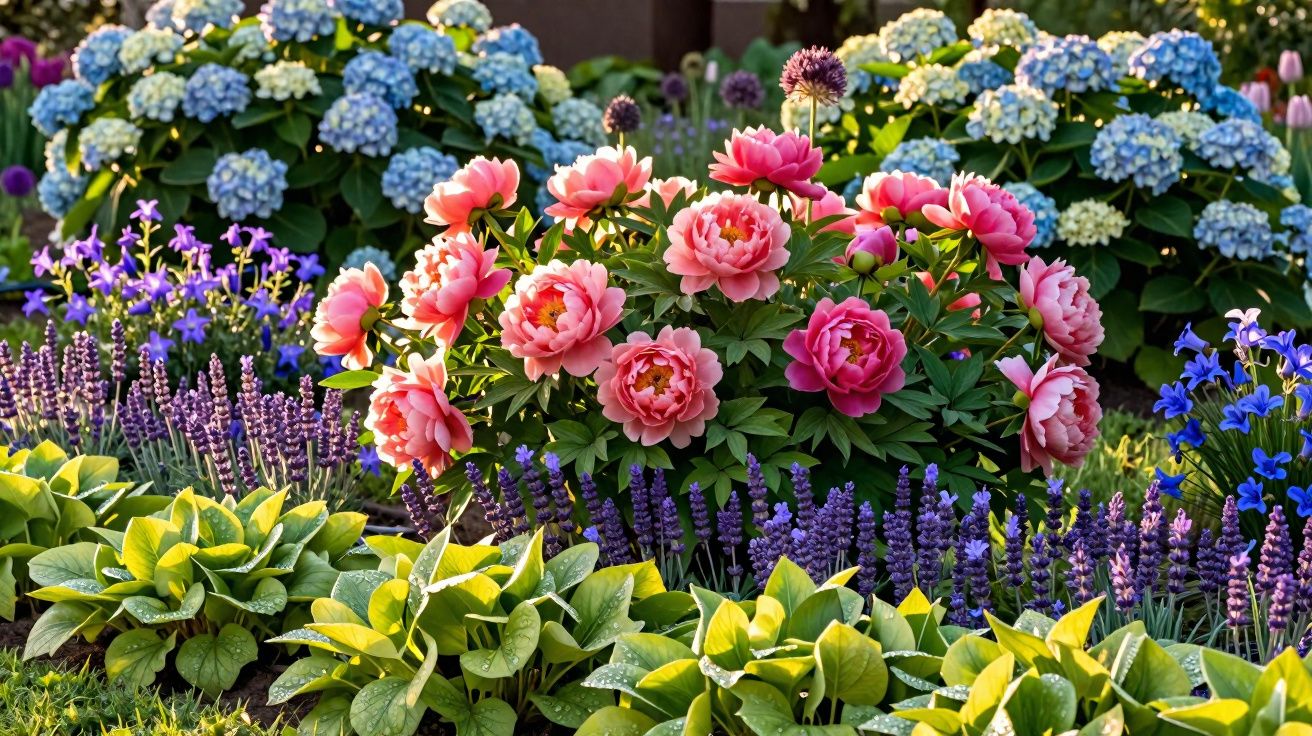 Jardim colorido com flores rosas, azuis e roxas e folhagens verdes iluminadas pela luz do sol.