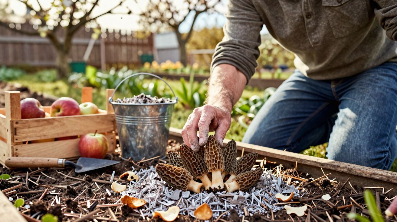 Pessoa colhendo cogumelos marrons em canteiro de terra com caixa de maçãs e balde ao fundo.