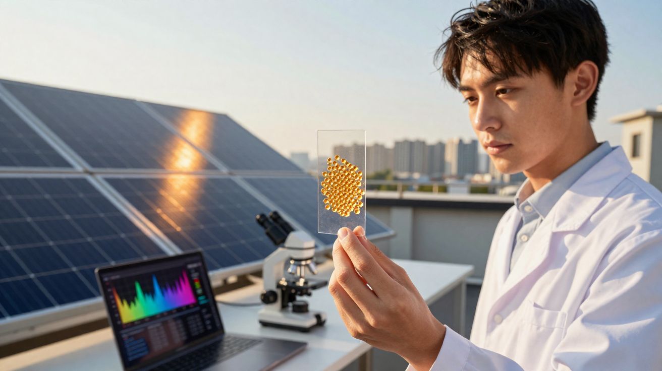 Cientista em jaleco segurando lâmina com amostras, ao lado de painel solar, laptop e microscópio.