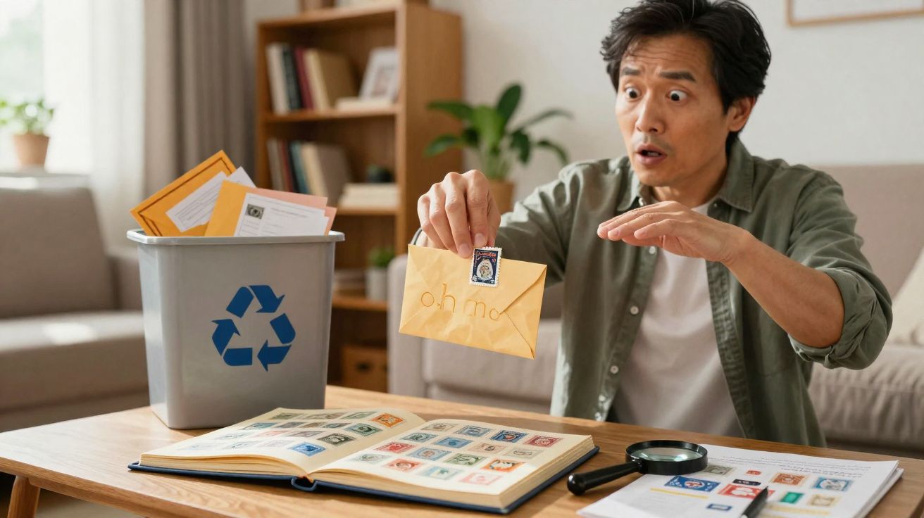 Homem surpreso segura envelope com selo ao lado de álbum de selos e lixeira de reciclagem.