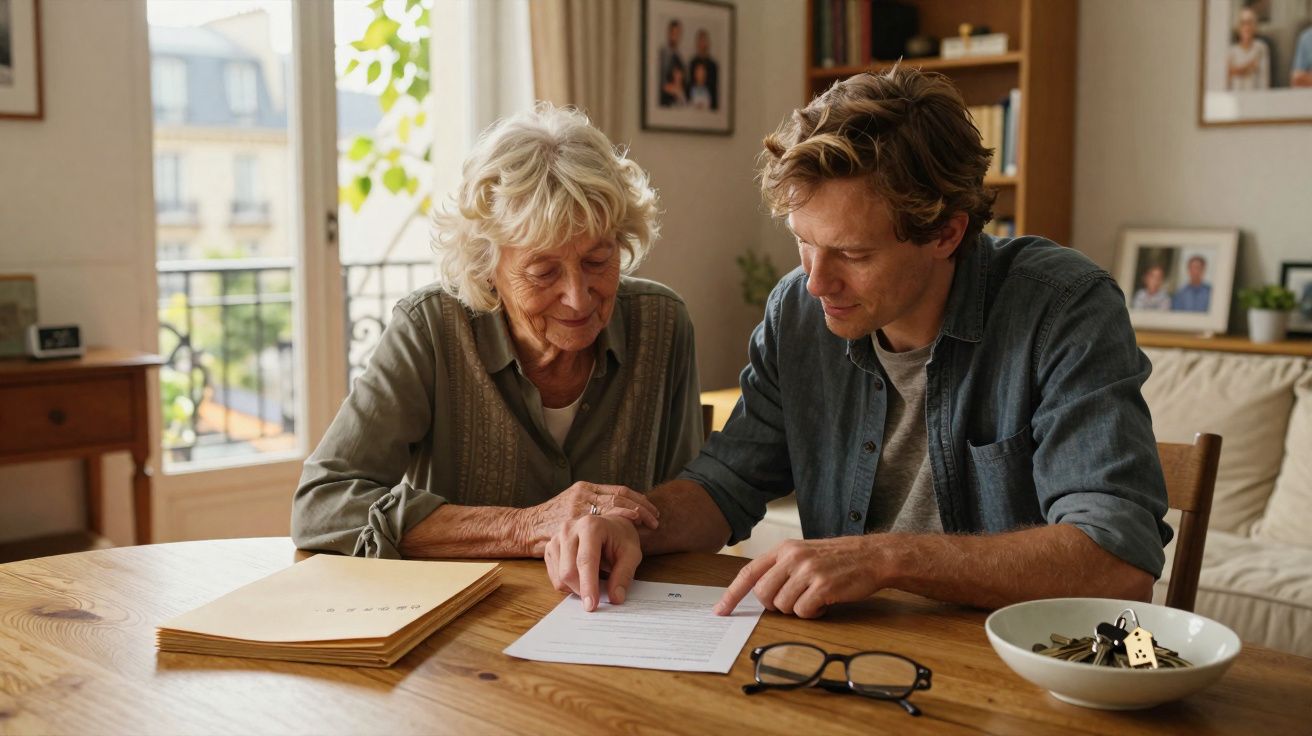 Homem ajuda senhora idosa a entender documentos sentados à mesa em ambiente doméstico.