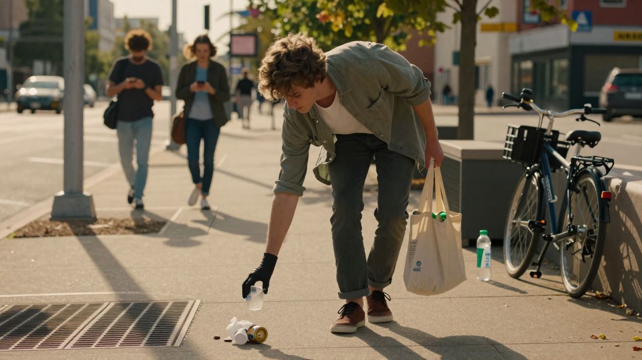 Jovem recolhe lixo do chão da calçada com uma mão e segura sacola ecológica com a outra.