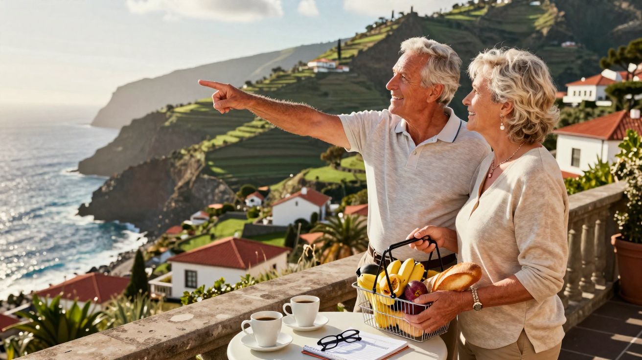 Casal idoso sorridente com cesta de frutas, admirando o mar e as casas em encosta ensolarada.