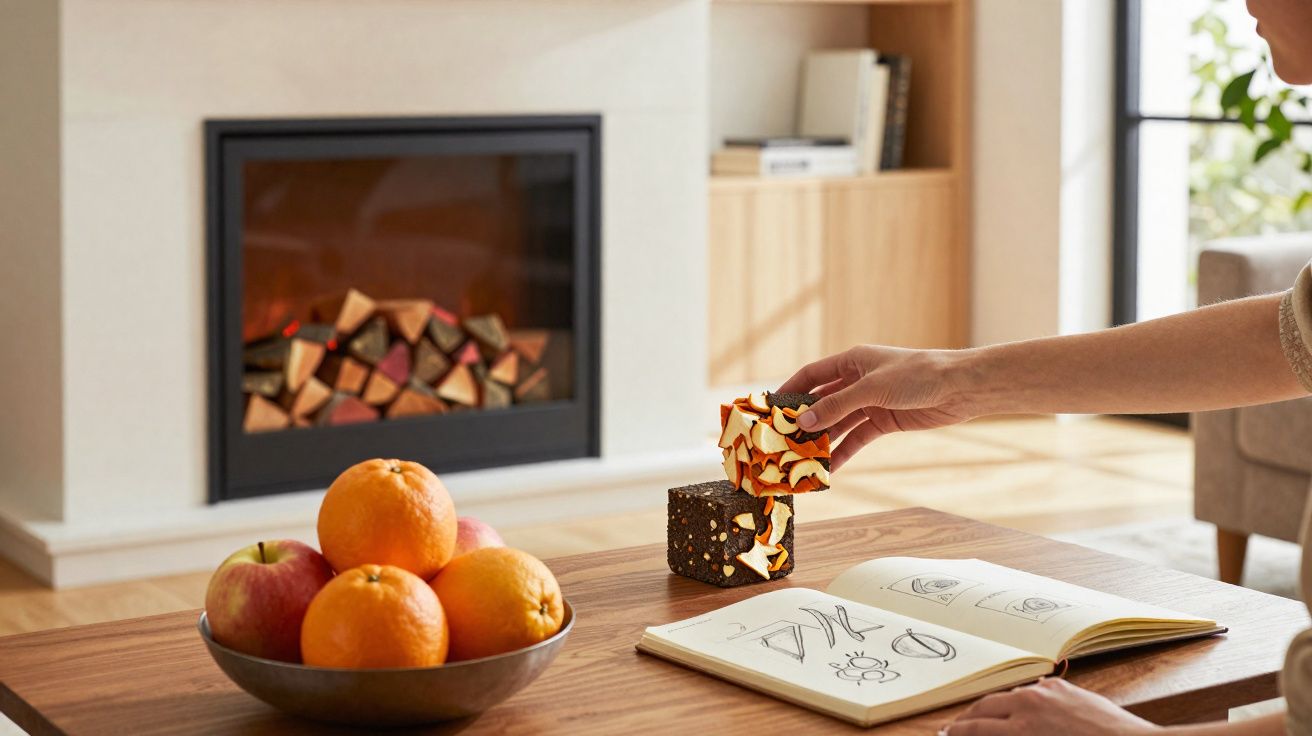 Mão segurando pedaço de doce sobre mesa com livro aberto, bowl de frutas e lareira ao fundo.