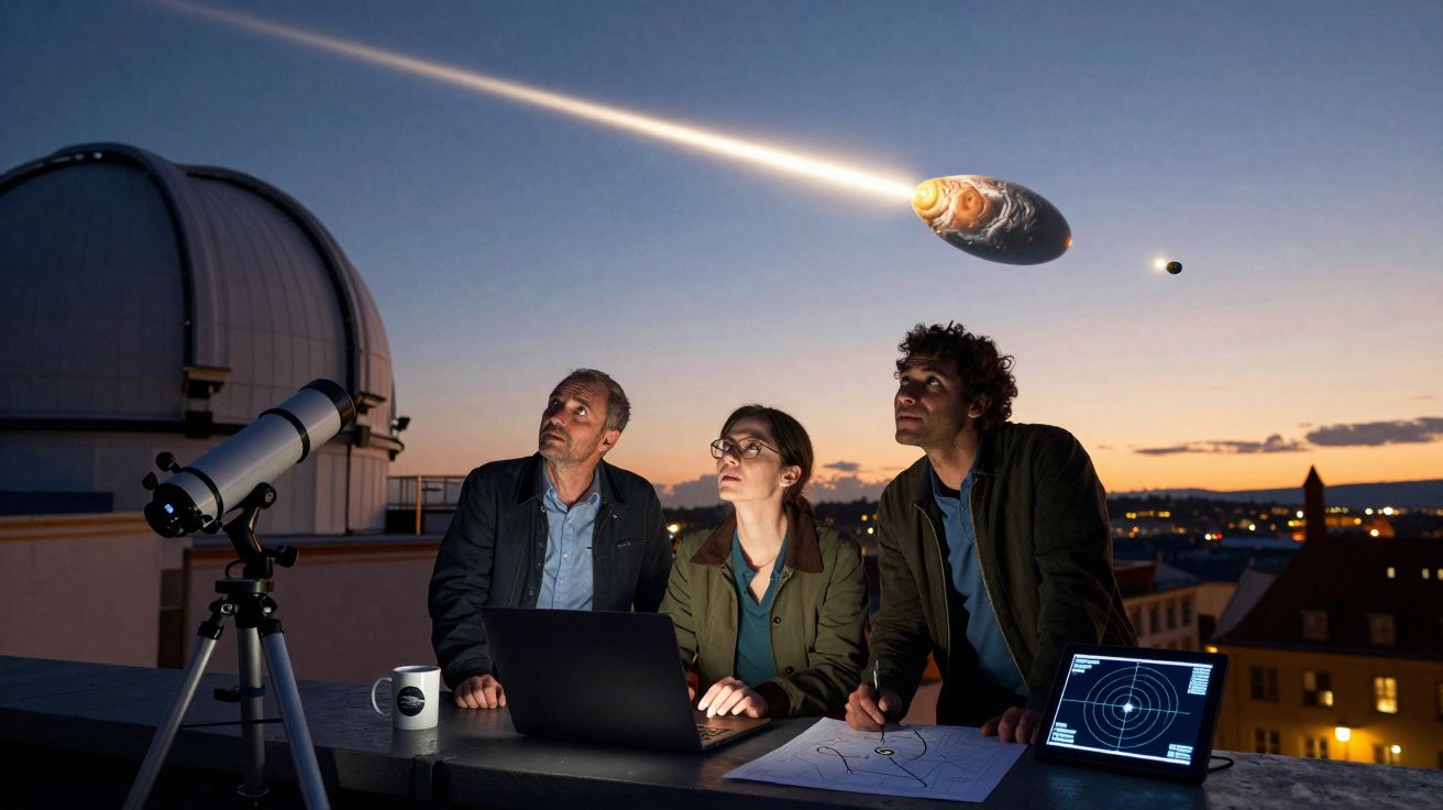 Três astrônomos observam o céu ao entardecer com telescópio e equipamentos em telhado urbano.