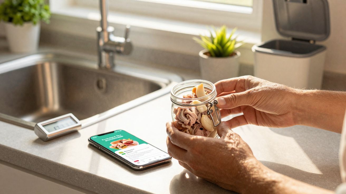 Pessoa segurando pote de vidro com sobremesa na cozinha, ao lado de celular com receita aberta.