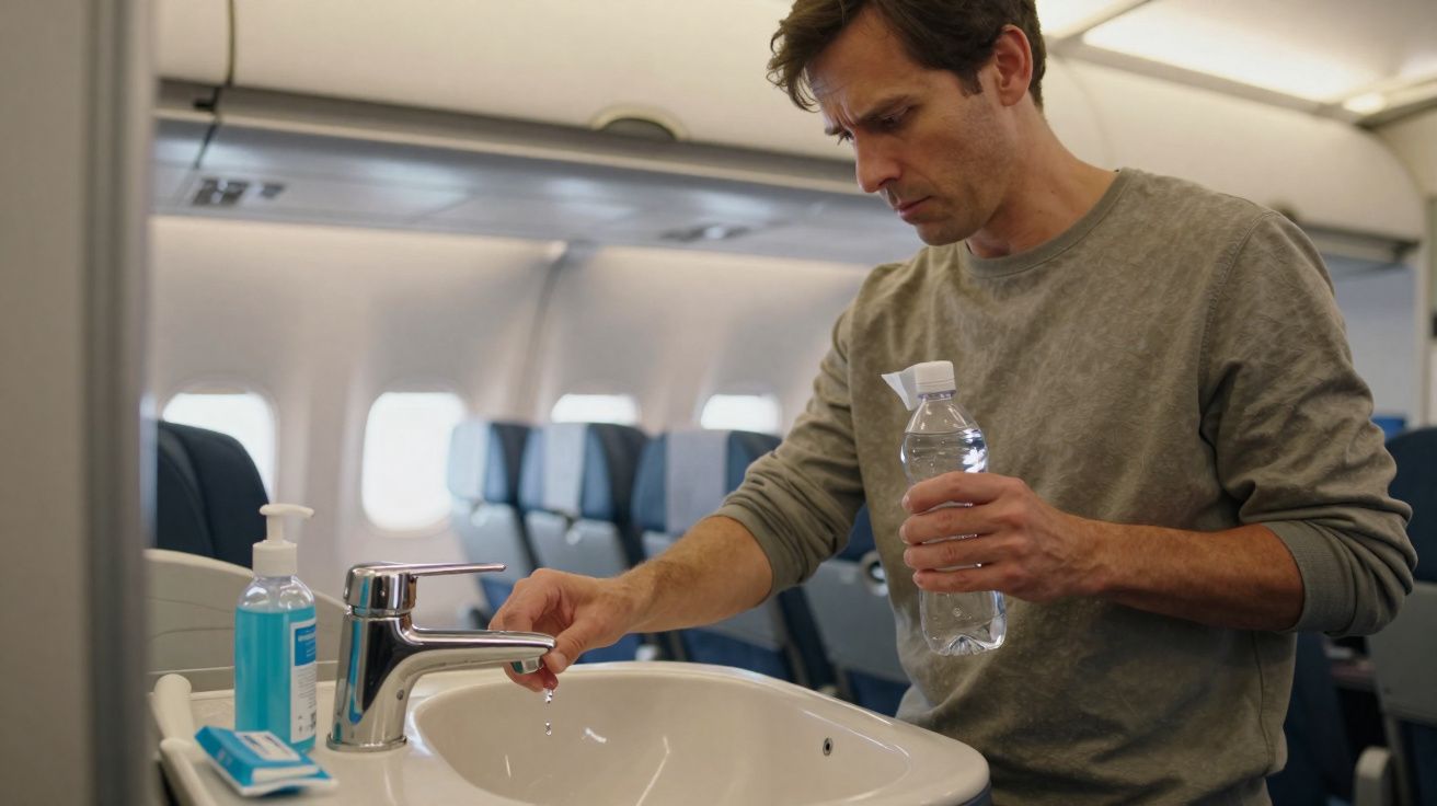 Homem pega água na pia do banheiro de avião segurando uma garrafa plástica transparente.