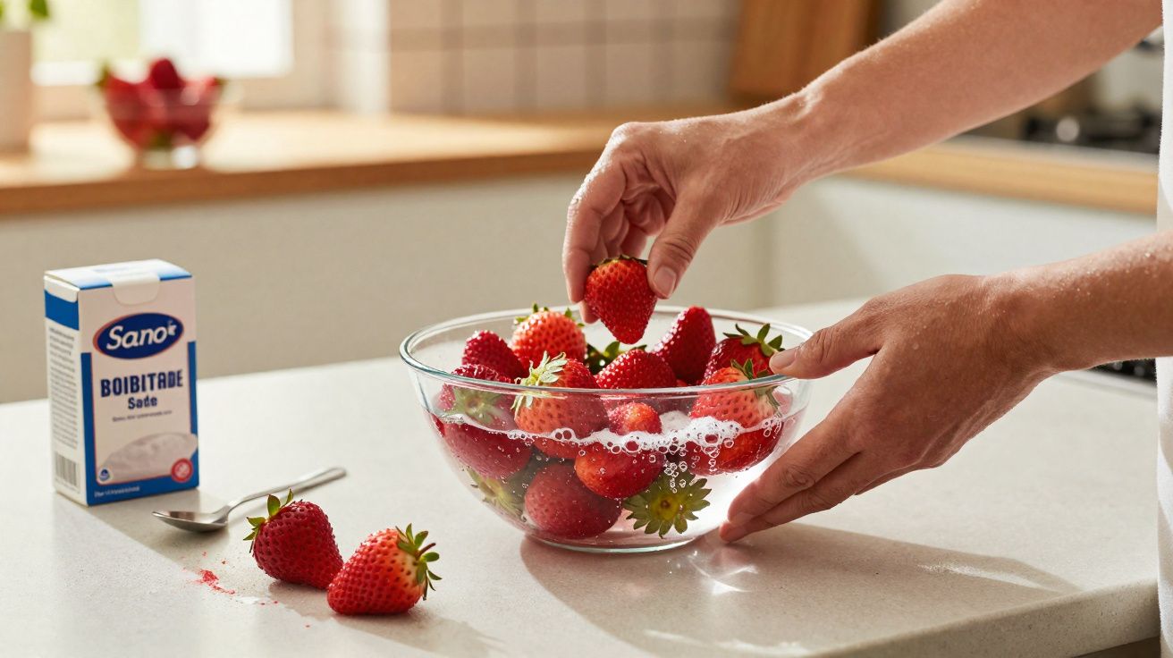 Mãos lavando morangos em tigela com água na cozinha, com caixa de sal grosso e colher ao lado.