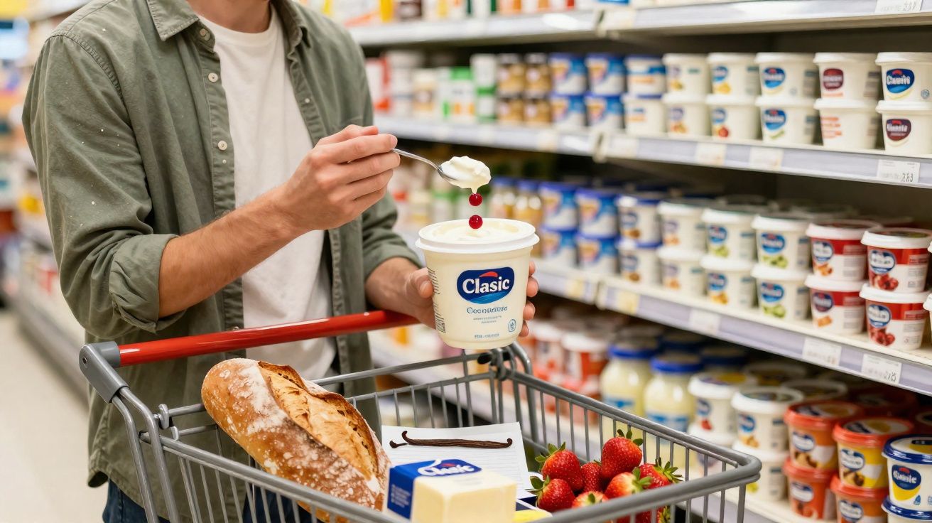 Pessoa com carrinho de compras segurando pote de iogurte Clasic e colocando colherada com cereja no supermercado.