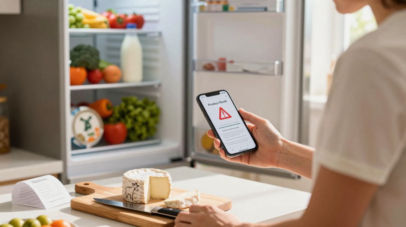 Pessoa segura celular com alerta de recall próximo à geladeira aberta e queijo em tábua na cozinha.
