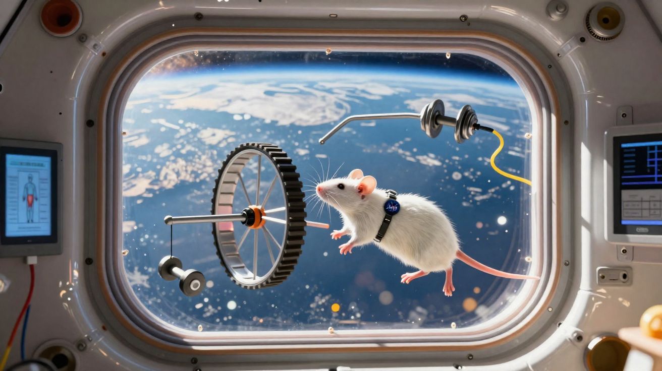 Rato branco com coleira flutuando dentro de nave espacial com a Terra ao fundo vista pela janela.