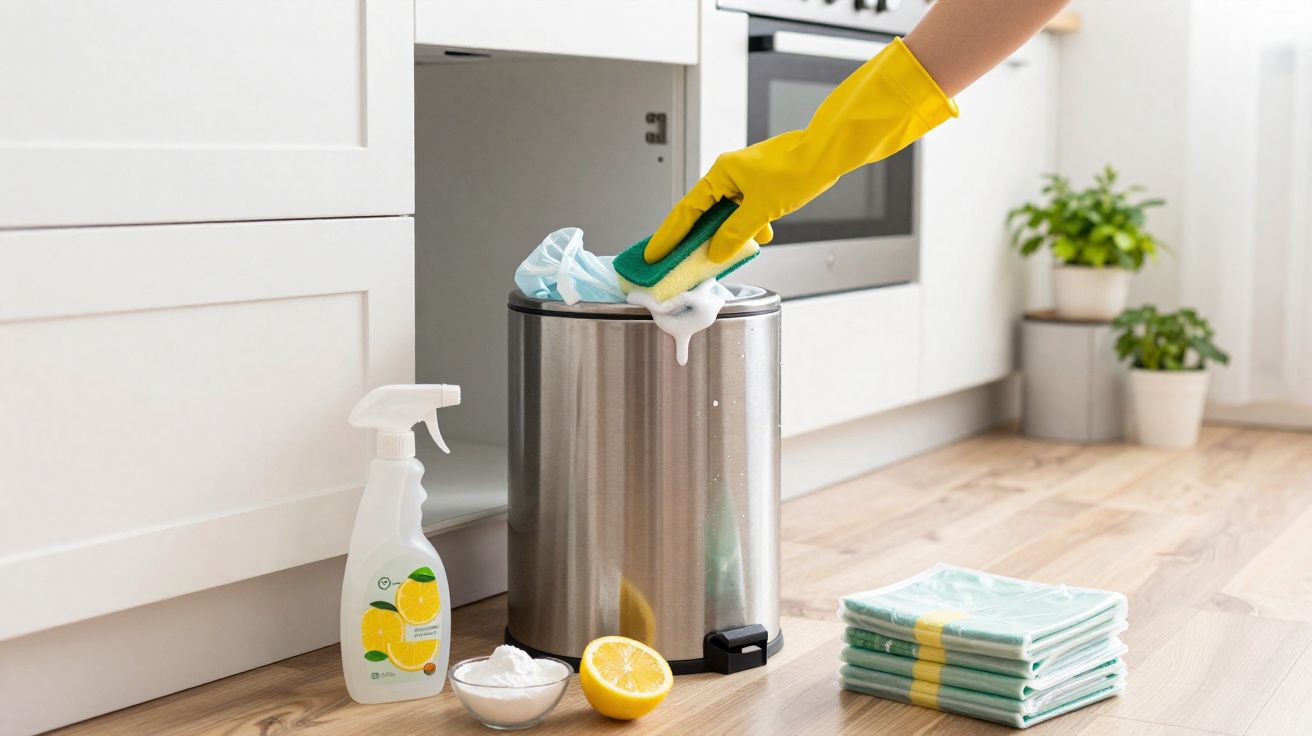 Mão com luva amarela limpando uma lixeira de metal na cozinha com esponja e produtos de limpeza naturais.