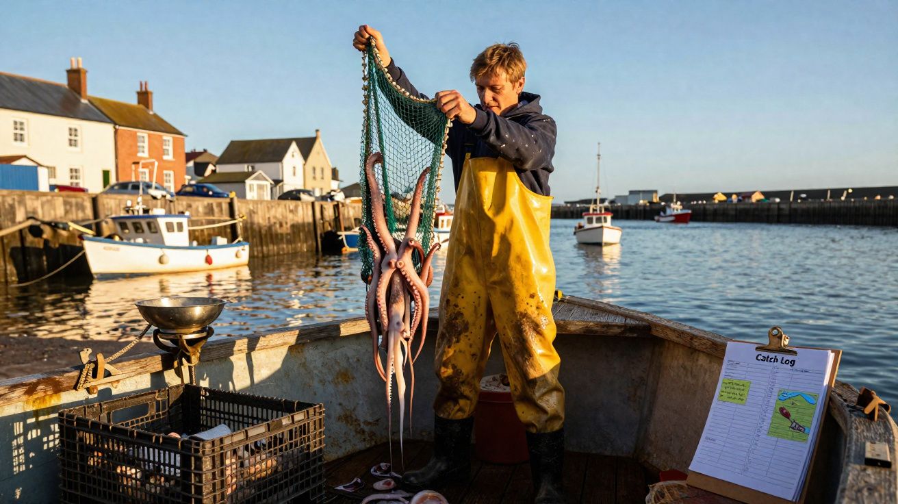Pescador com roupas amarelas segura polvo em rede dentro de barco em porto com casas e barcos ao fundo.