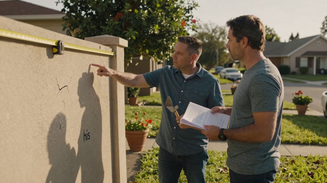 Dois homens examinando rachadura em parede externa, um mede com fita métrica e outro segura documentos.