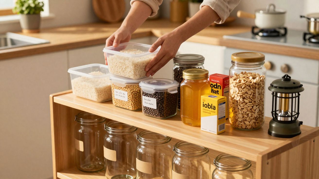Mãos organizando potes com grãos e alimentos em prateleira de madeira em cozinha com fogão ao fundo.