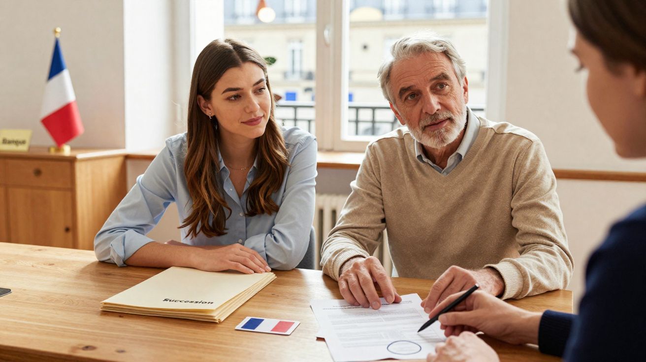 Casal em reunião com consultor, analisando documentos em escritório com bandeira da França ao fundo.