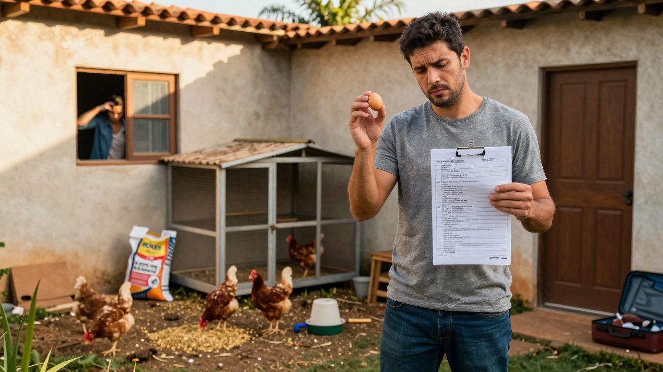 Homem segurando um ovo e uma prancheta na mão, olhando preocupado em quintal com galinhas e galinheiro.
