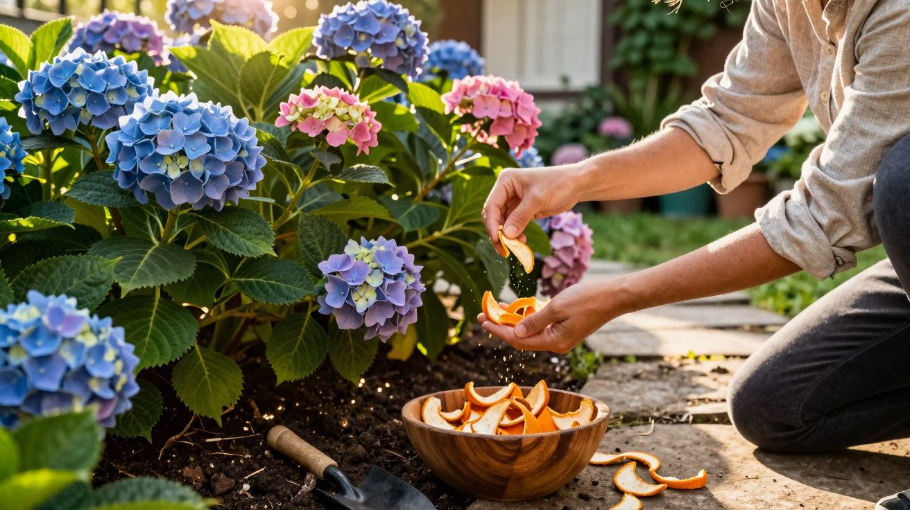 Pessoa espalhando cascas de laranja em canteiro de flores de hortênsias coloridas no jardim ensolarado.