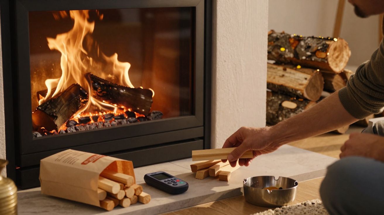 Pessoa colocando gravetos em lareira acesa em ambiente interno aconchegante com sacola de gravetos e controle remoto.