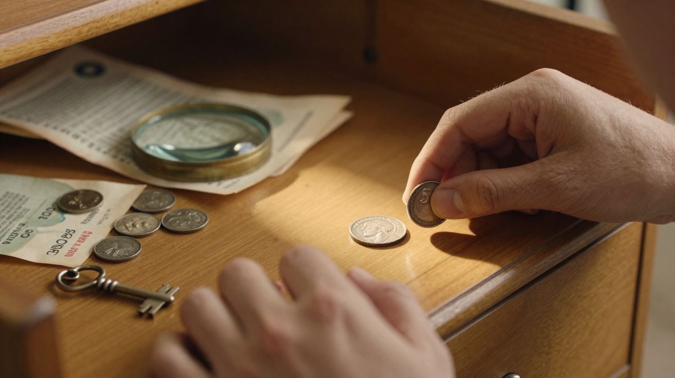 Mãos organizando moedas sobre uma superfície de madeira com chave, lupa e papéis ao fundo.