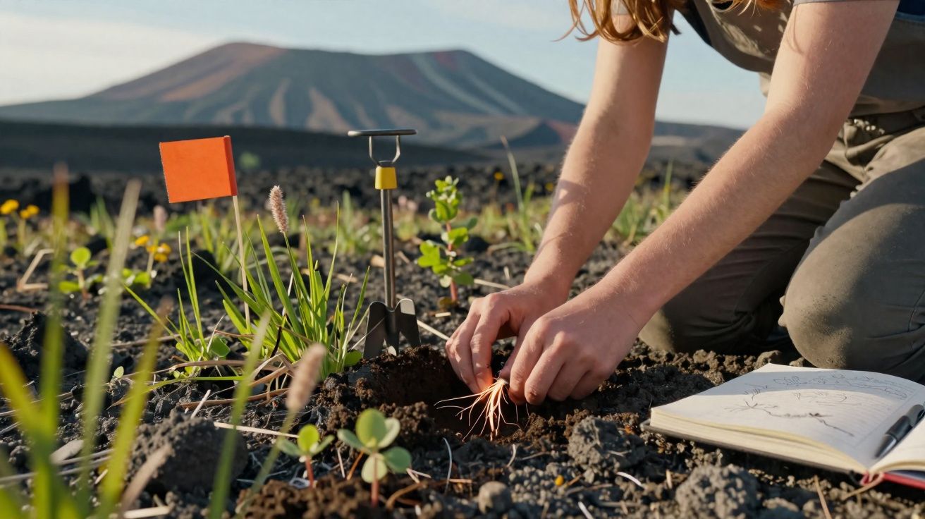 Pessoa plantando muda em solo vulcânico, com caderno aberto e lápis ao lado, em ambiente natural.